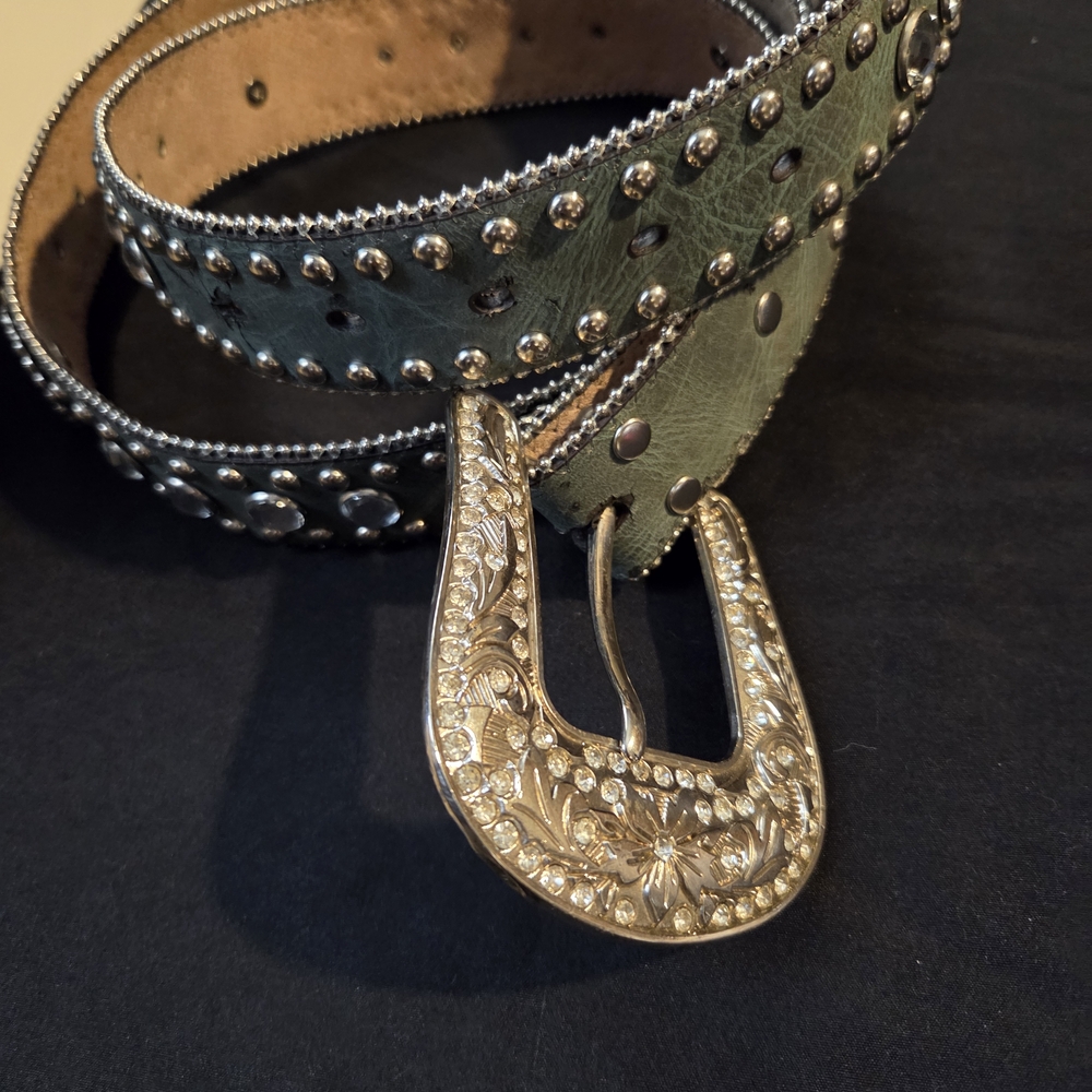Studded Blue Denim Leather Belt with Silver Buckle